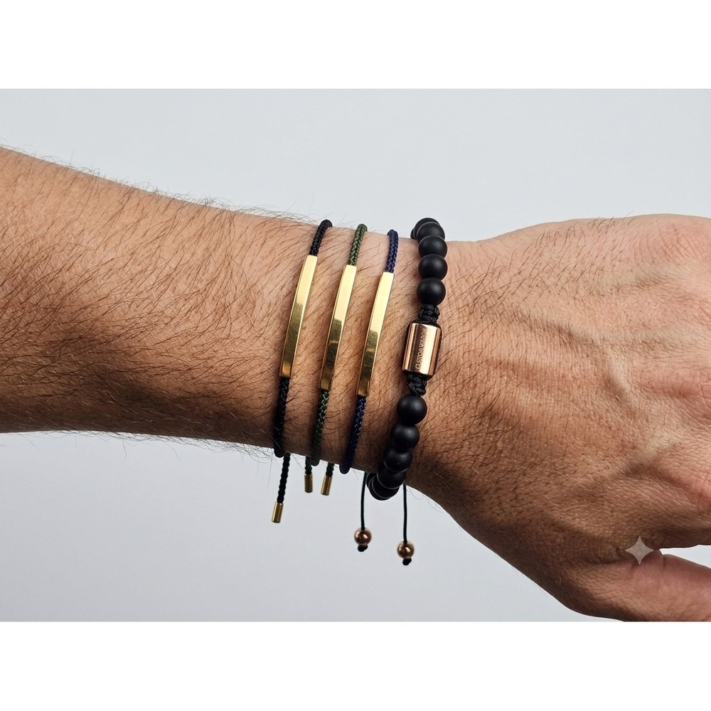 Clifton Wilson Mens Bracelet Set 4pc Black Gold Onyx Bead Cord Adjustable Bar OS